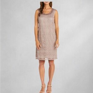 R&M Richards Champagne Beaded Lace Sheath Dress Size 12 Formal Party NWT